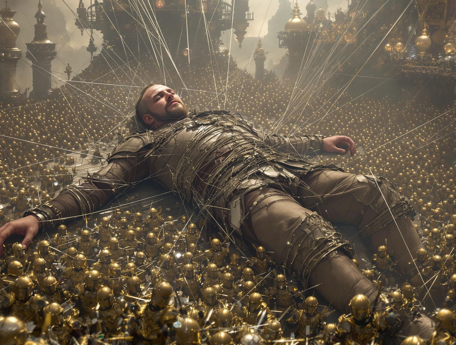 Gulliver Bound by Lilliputian Threads in Hyper-Realistic Fan...