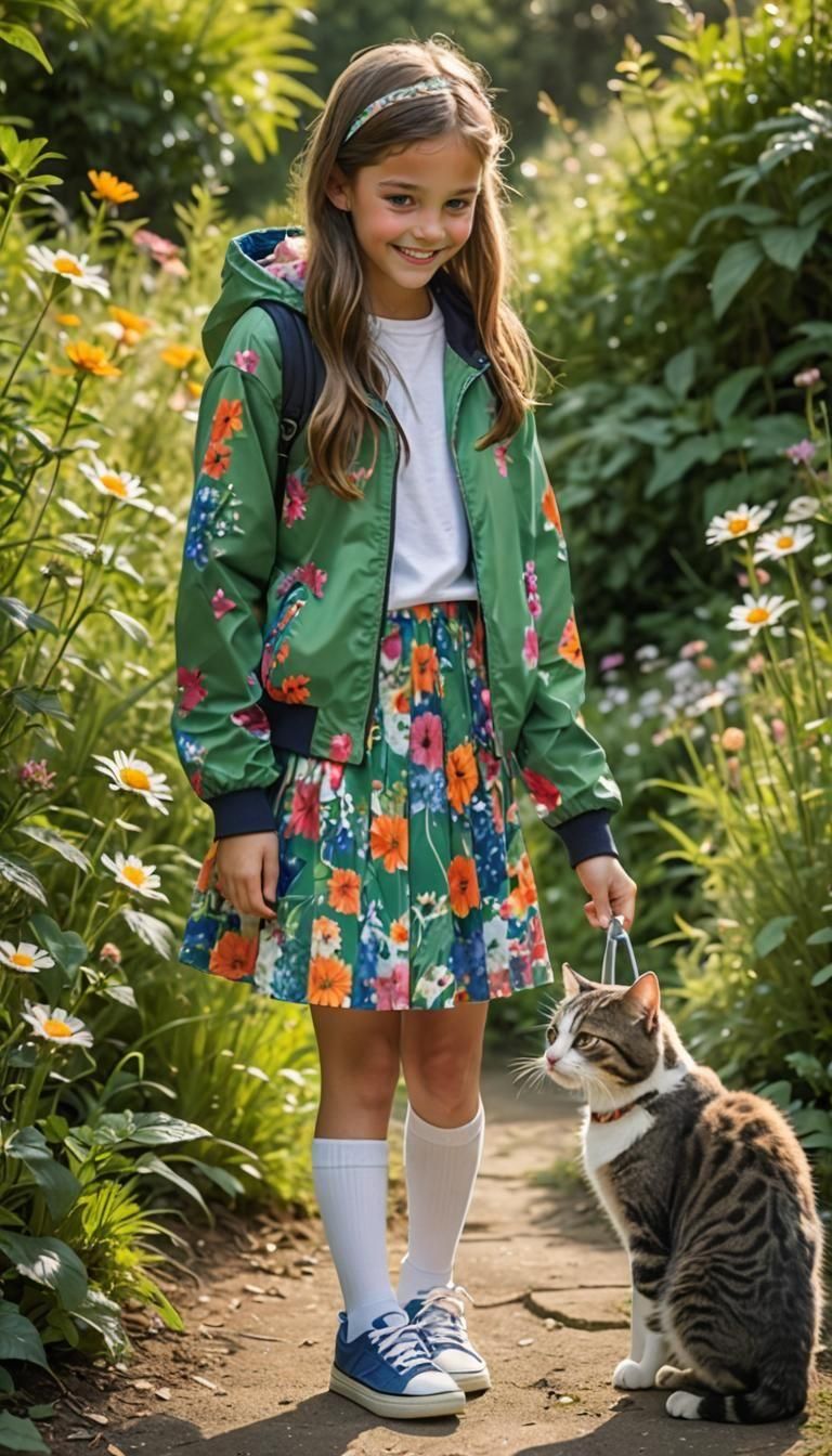 Serenely Happy Girl Connects with Playful Cat in Vibrant Gre...
