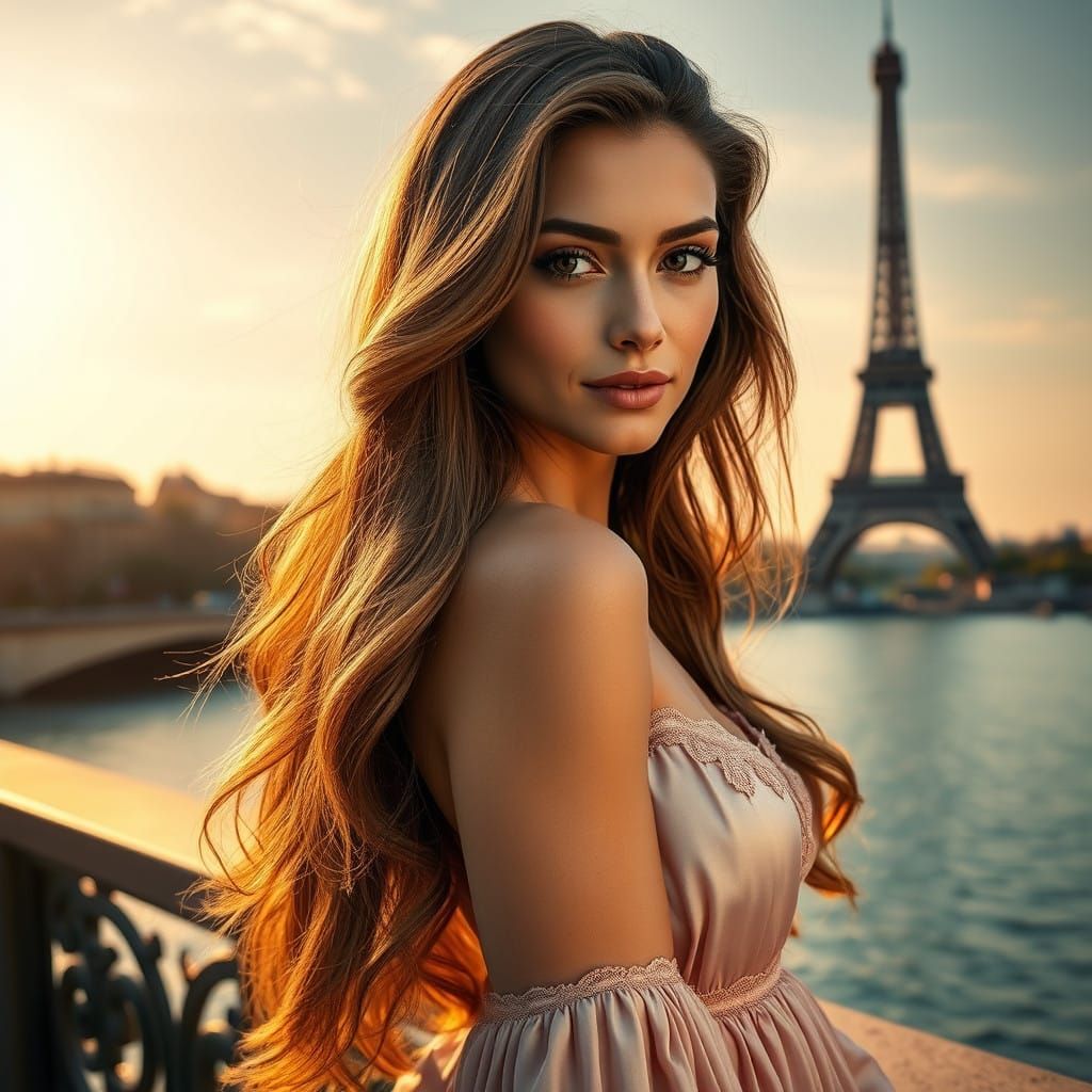 Elegant Woman in Soft Light with Iridescent Hair and Pink Si...