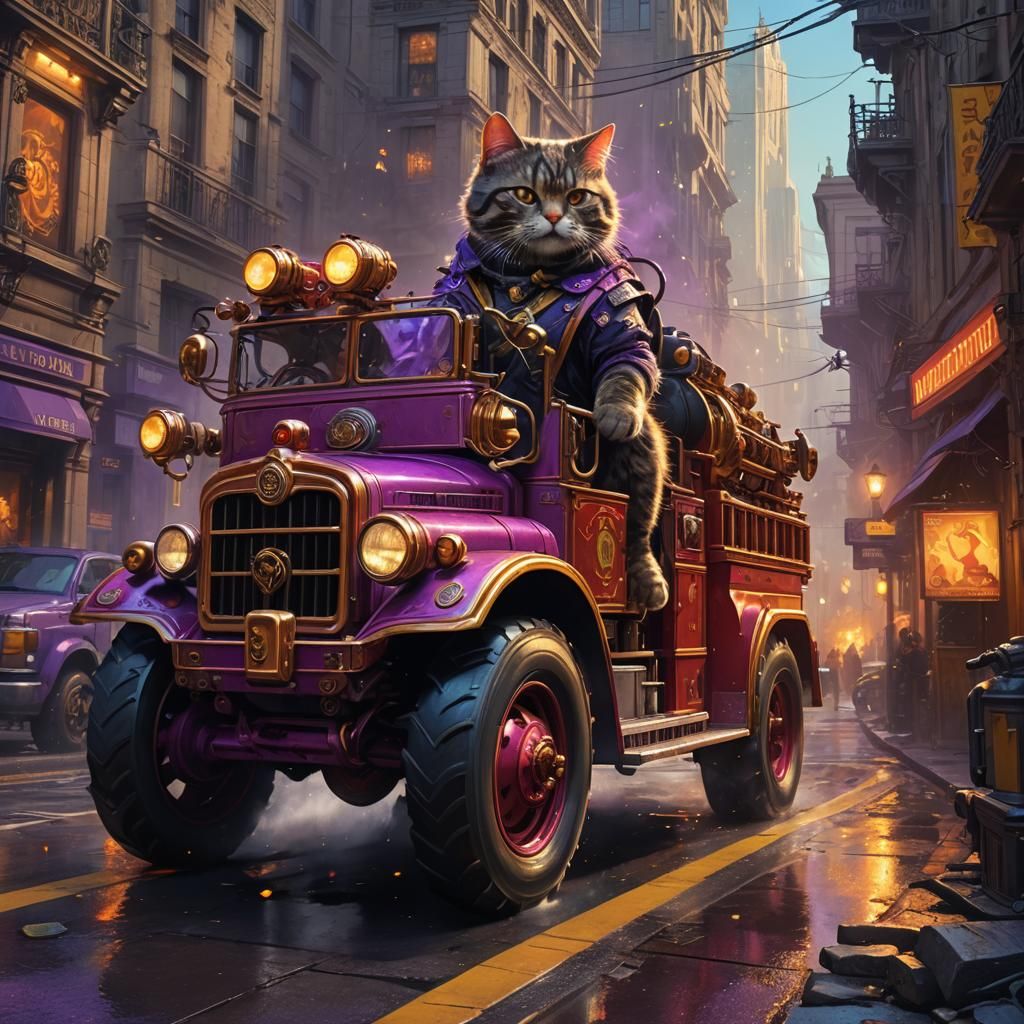 Cat Drives Firetruck: Dark Fantasy Concept Art