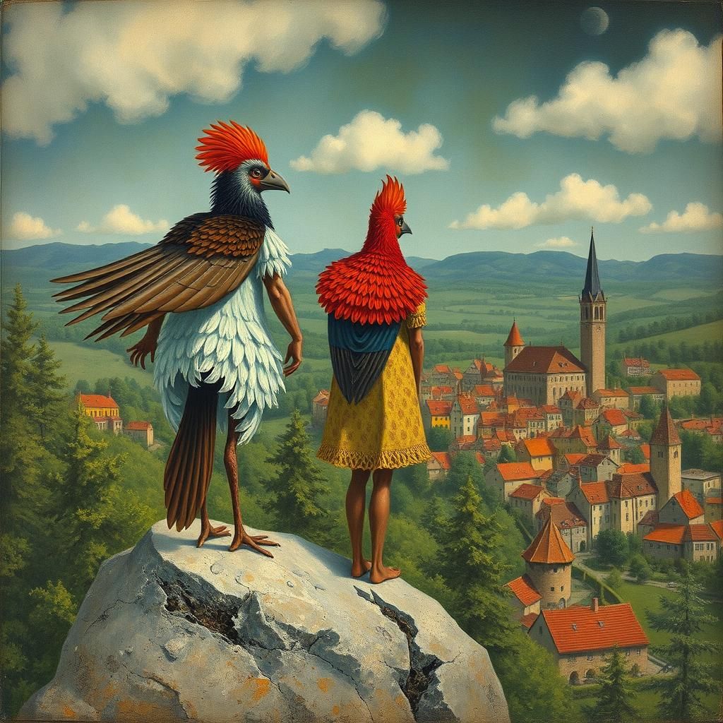 Bird People Overlook Town in Chagall Style