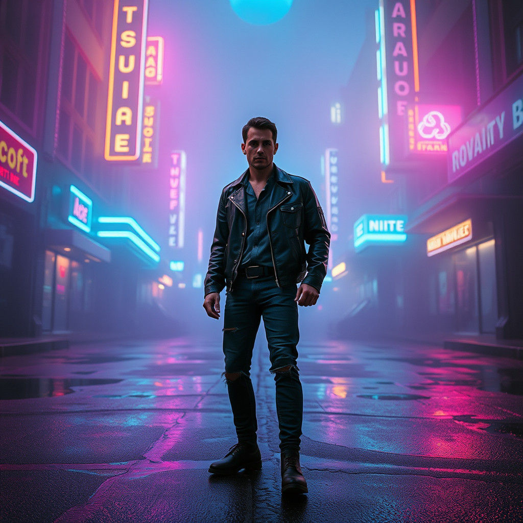 Retro-Futuristic Hero in Abandoned Cityscape