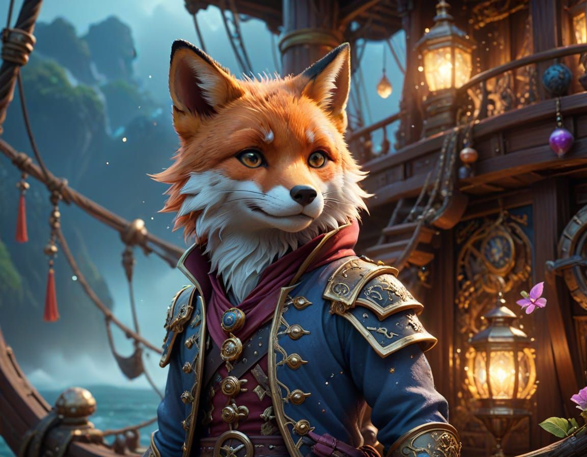 Anime style. Medium shot. a fox dressed as a pirate standing...