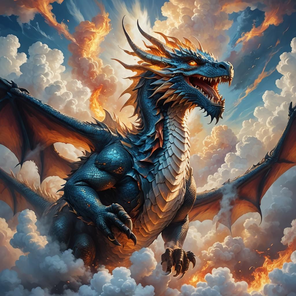 Cloud Winged Dragon Roaring Fire in Matte Painting