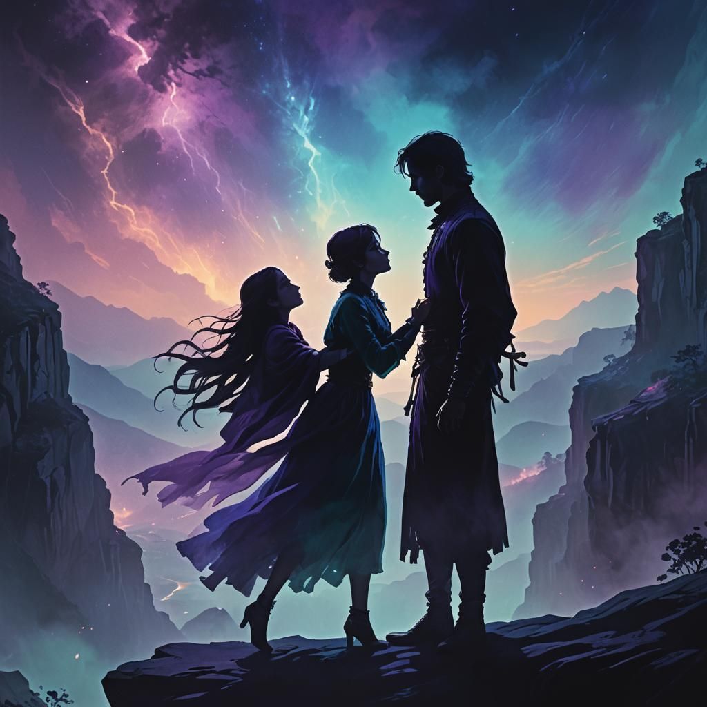Dark Fantasy Embrace: Silhouette on a Cliff Edge