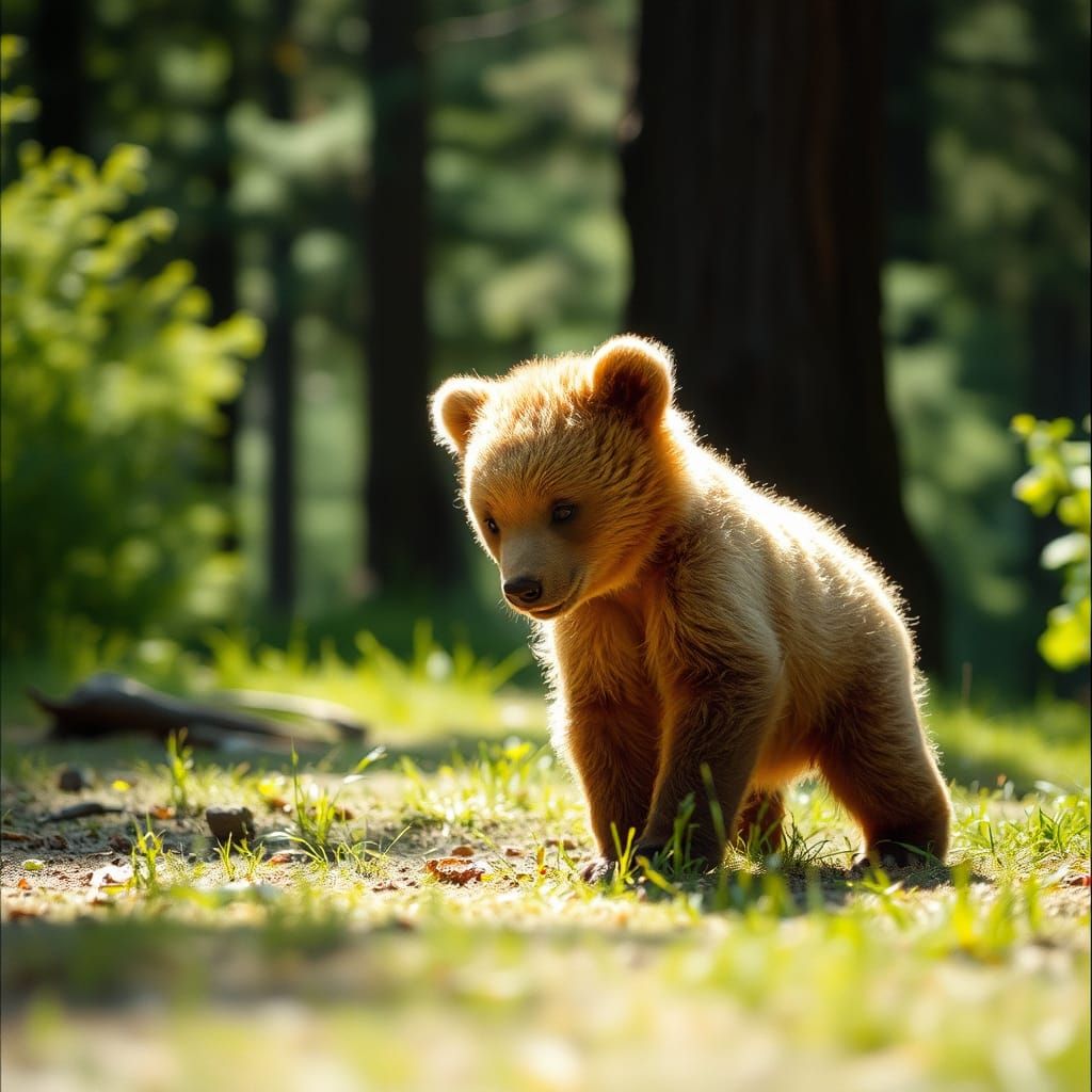 Adorable Grizzly Cub in Sun-Dappled Forest
