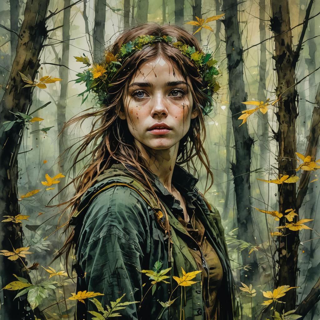 Contemplative Woman in Forest, Watercolor Cubism