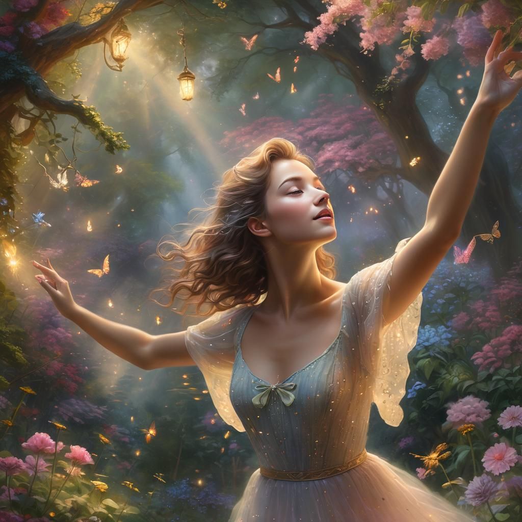 Ethereal Woman Dancing in Lush Fantasy Garden