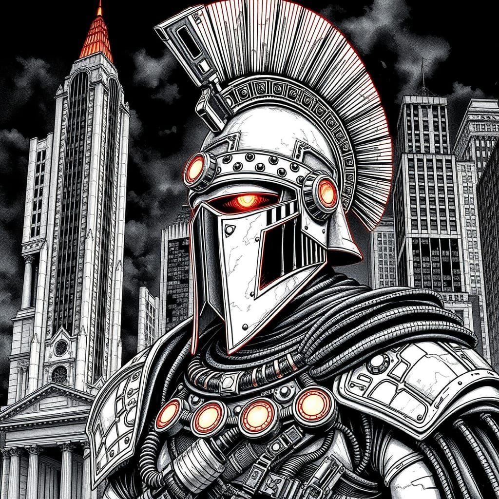 Cyberpunk Roman Praetorian Guard in Gothic Cityscape