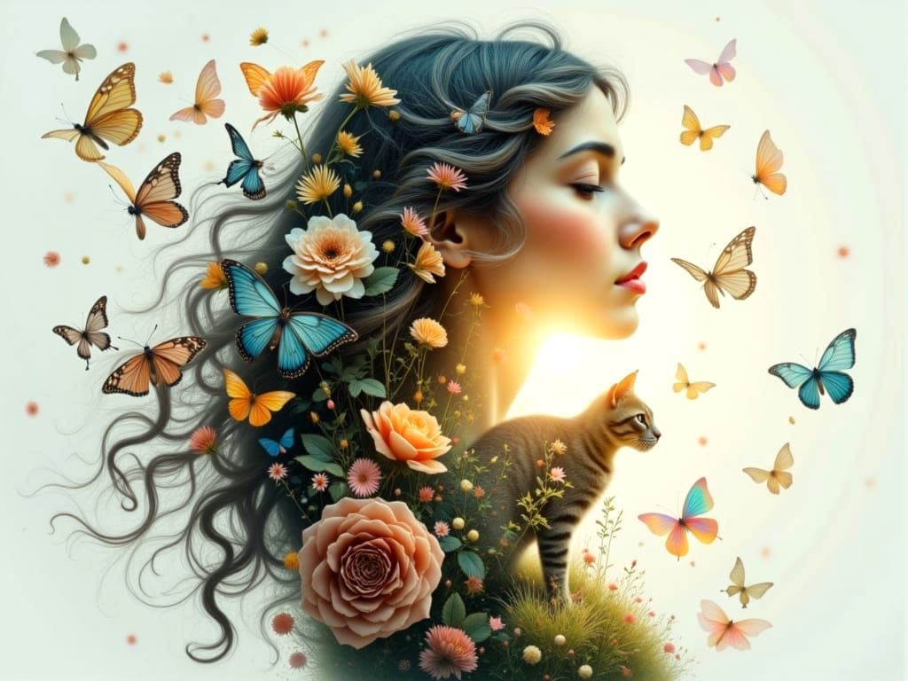 Colorful Double Exposure Portrait with Cat and Landscape