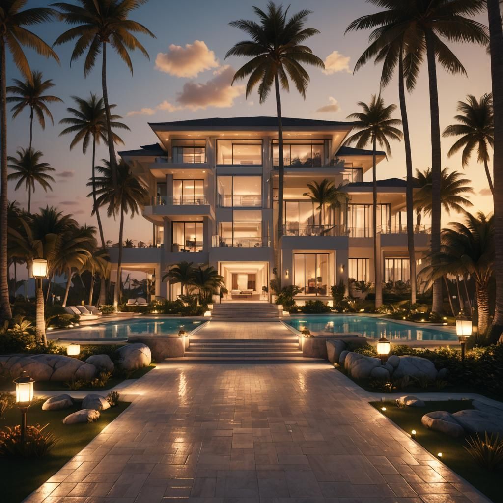 Luxurious Oceanfront Mansion at Sunset: 8K Rendering