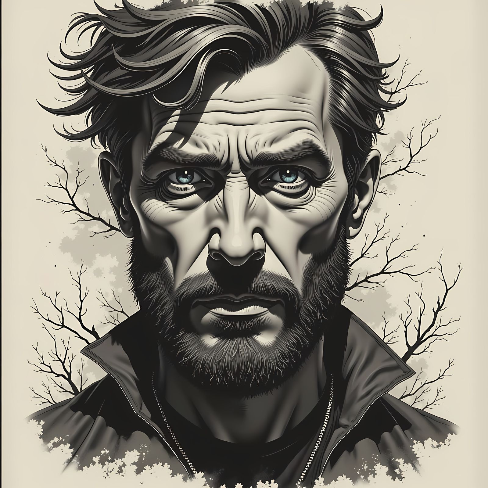 Stylized Gray Portrait of a Man with Expressive Face