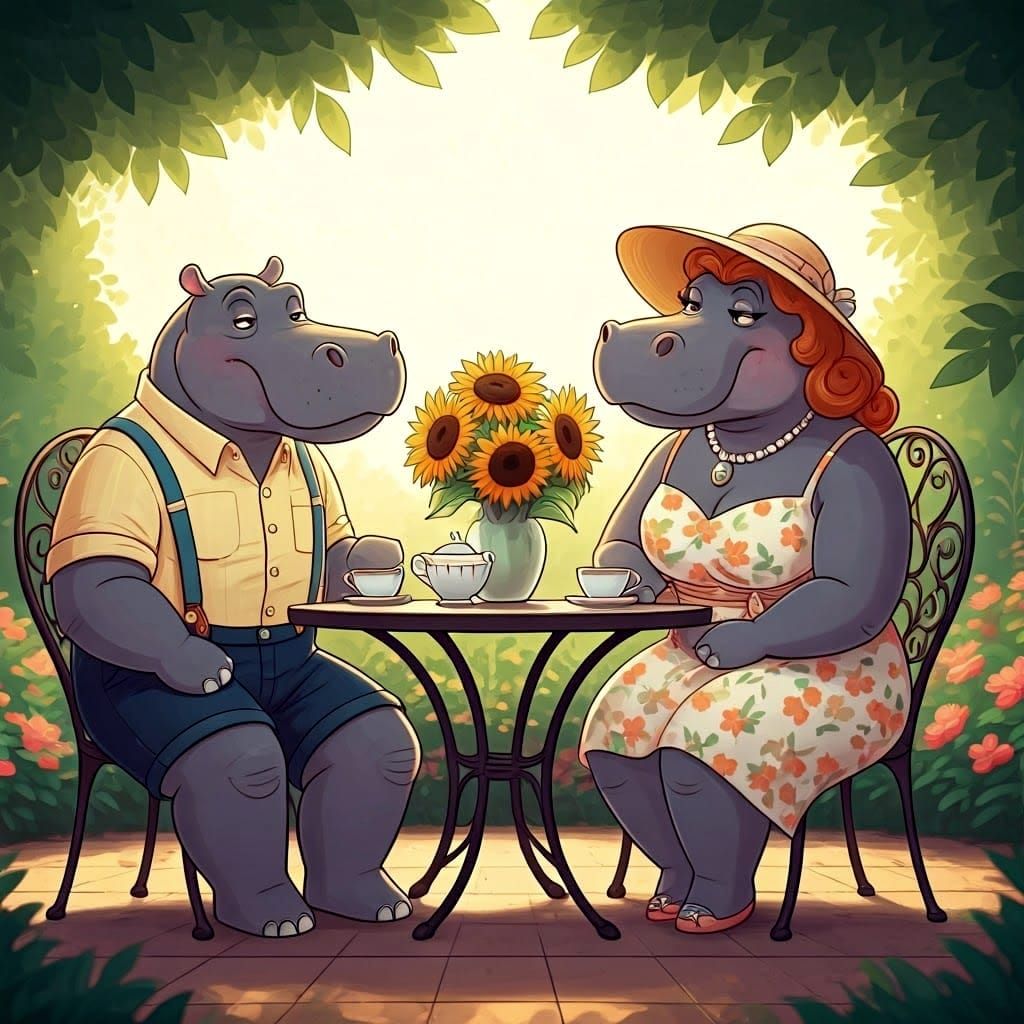 Hippos Enjoy a Leisurely Afternoon Tea in Vibrant Cell-Shade...