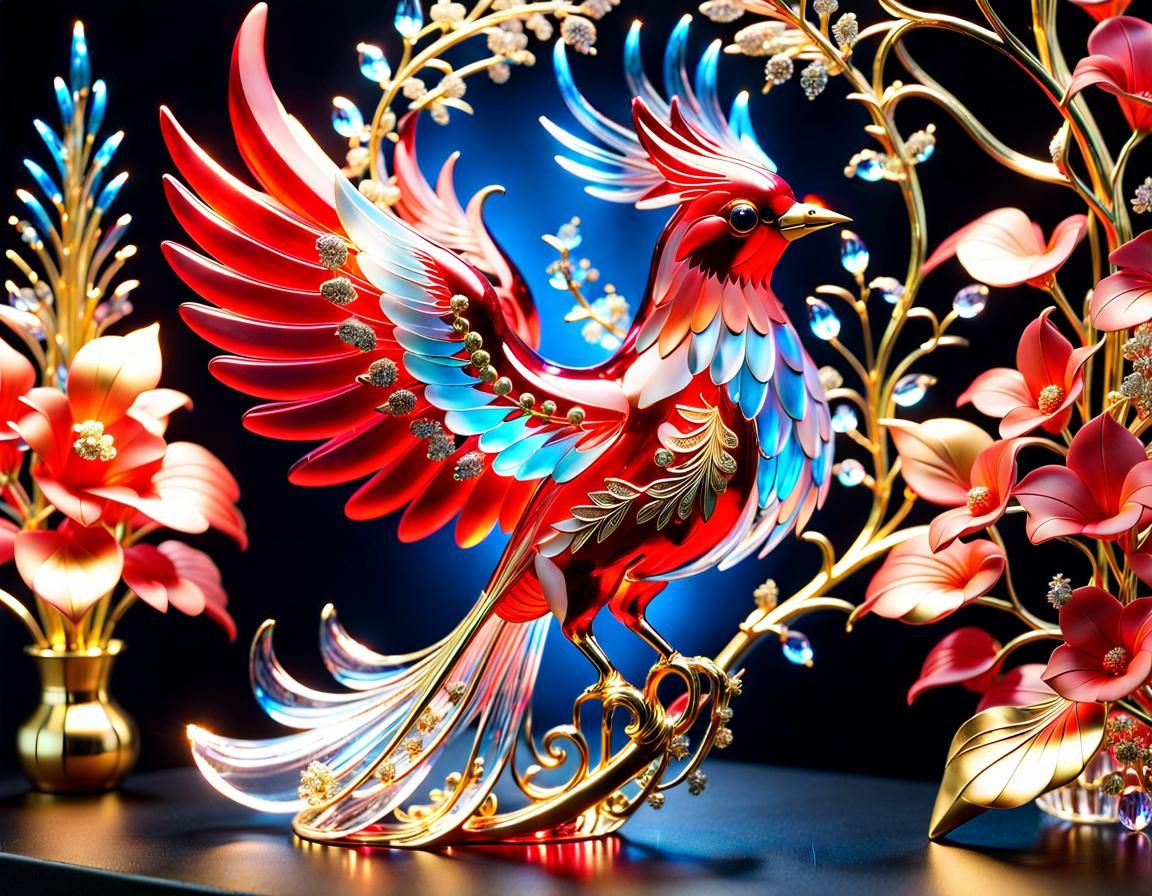 Bioluminescent Crystal Firebird Sculpture in Graffiti Art St...