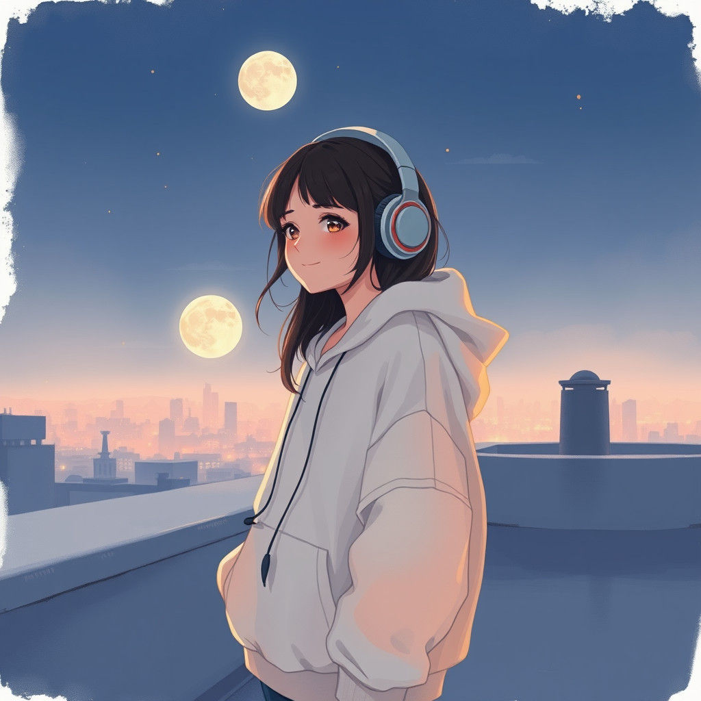 Girl Dancing on Rooftop in Anime Impressionism Style
