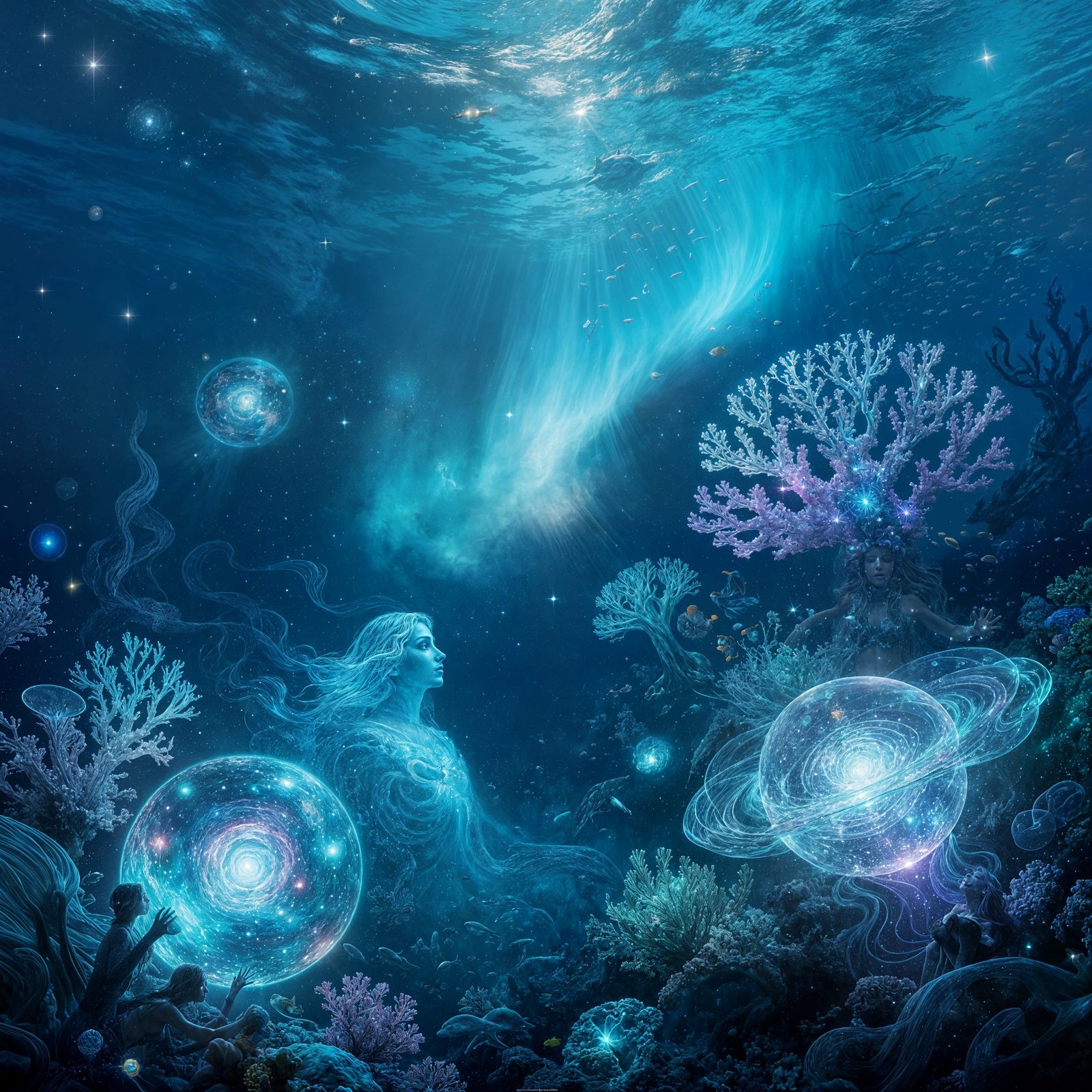 Cosmic Divine Marine Life Under the Sea in Holographic Style