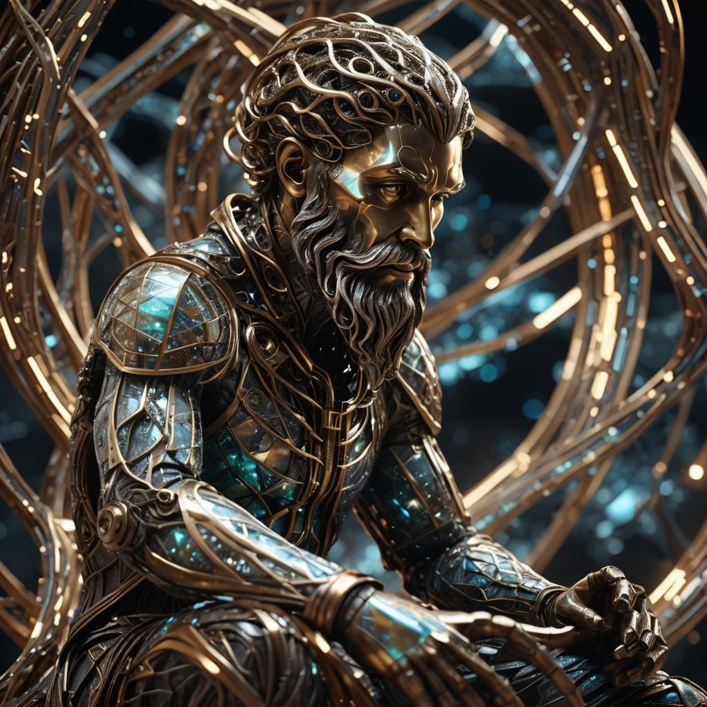 Futuristic Bronze Thinker in Ethereal Chamber