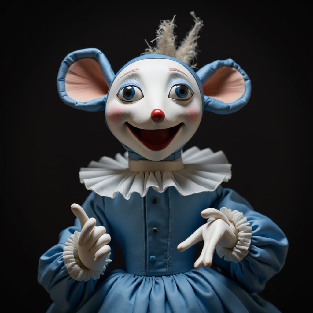 Porcelain Mouse Puppet in Blue and White Costume