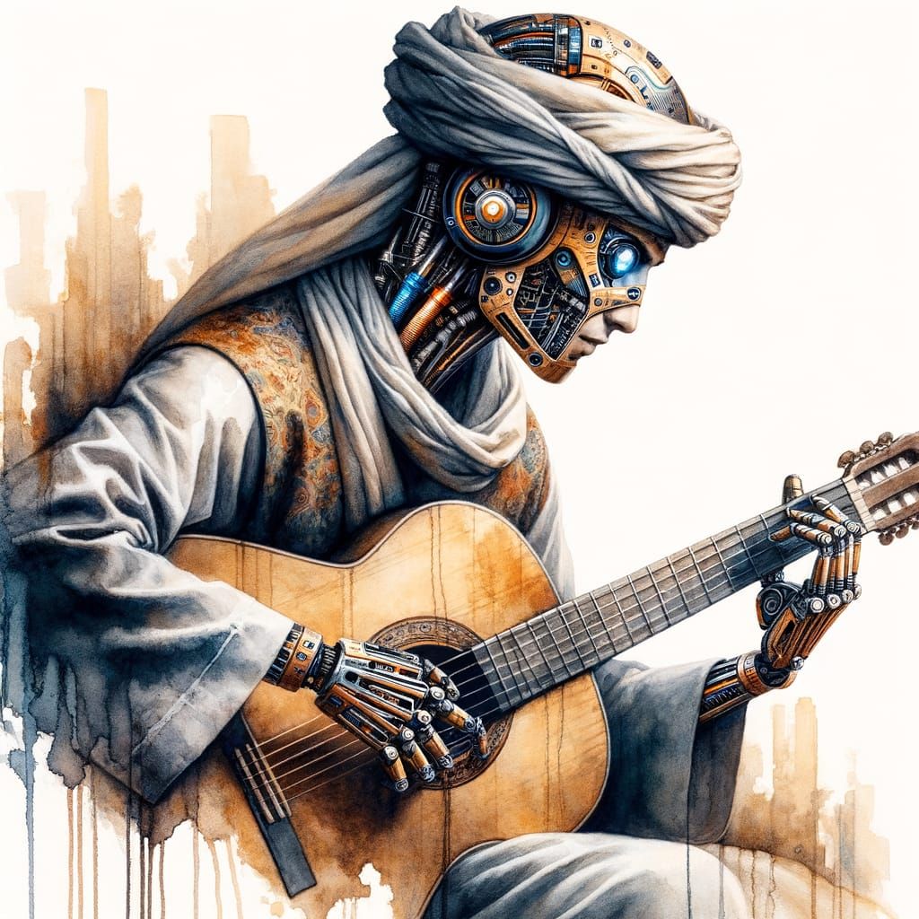 Middle-Eastern Street Musician in Watercolour Style
