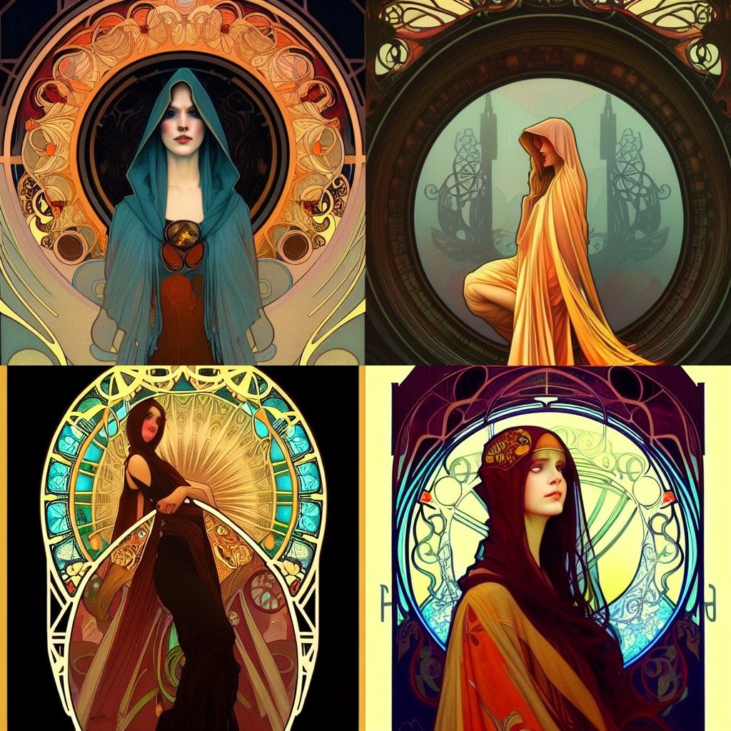 Hooded Figure in Flames: An Art Nouveau Portrait