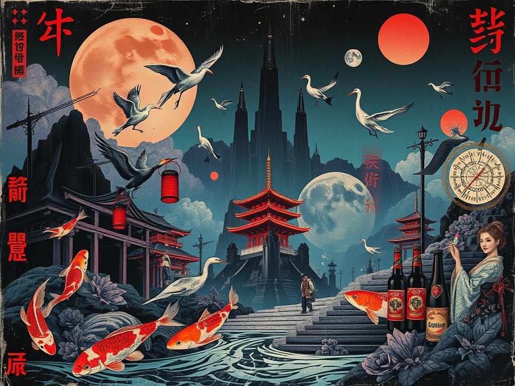 Surreal Japanese Noir Poster with Koi and Cranes