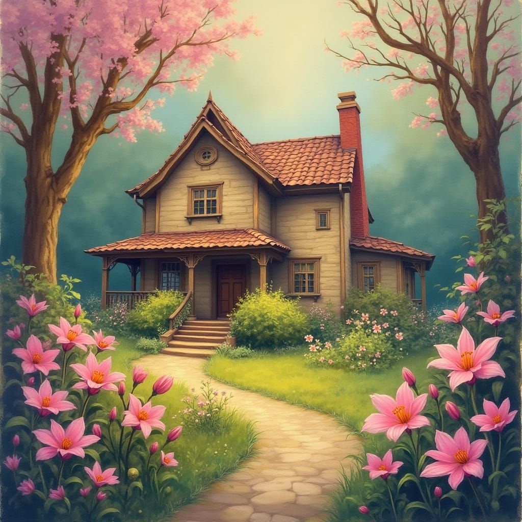 Whimsical Cottage in Gouache Style