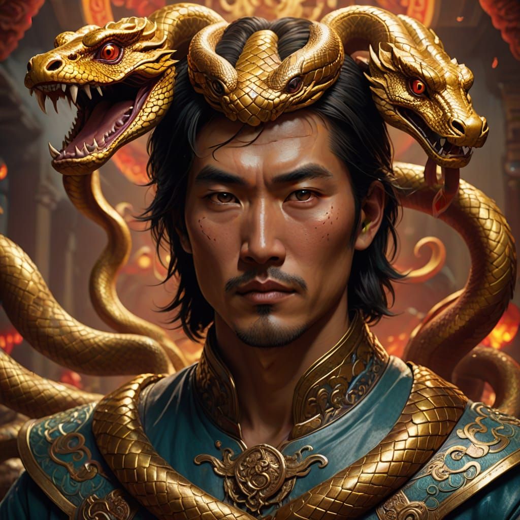 Chinese Fantasy Art: Golden Snake Meets Traditional Hero