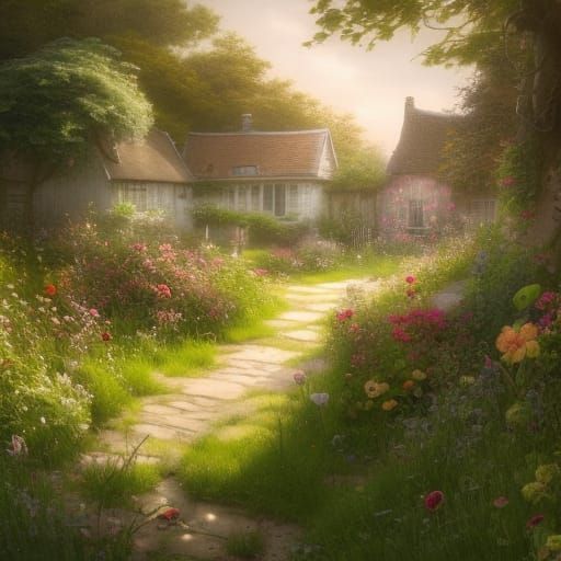 Idyllic English Cottage Garden in Hyperdetailed Style