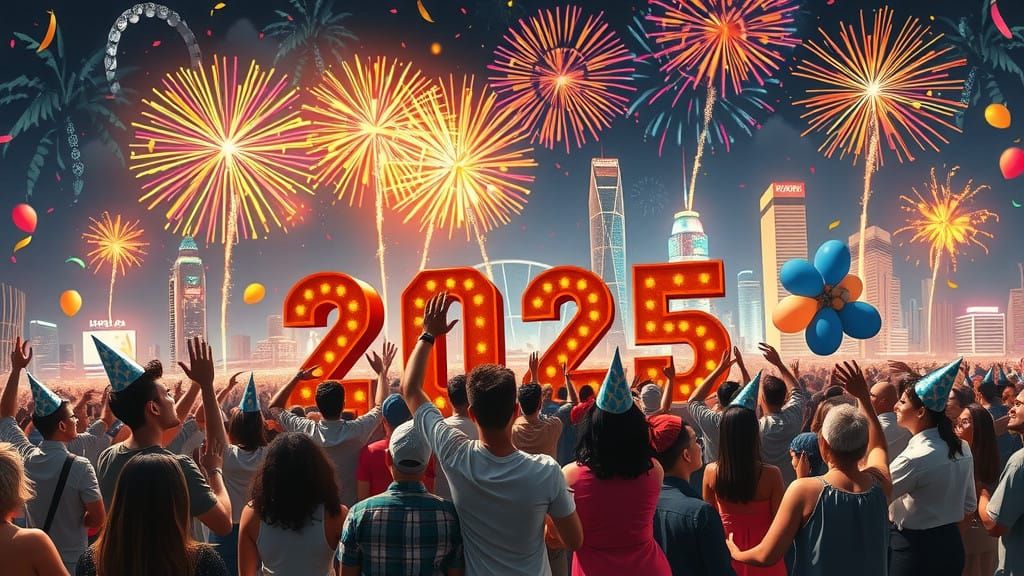 Joyful City Celebration Under Kaleidoscope Fireworks