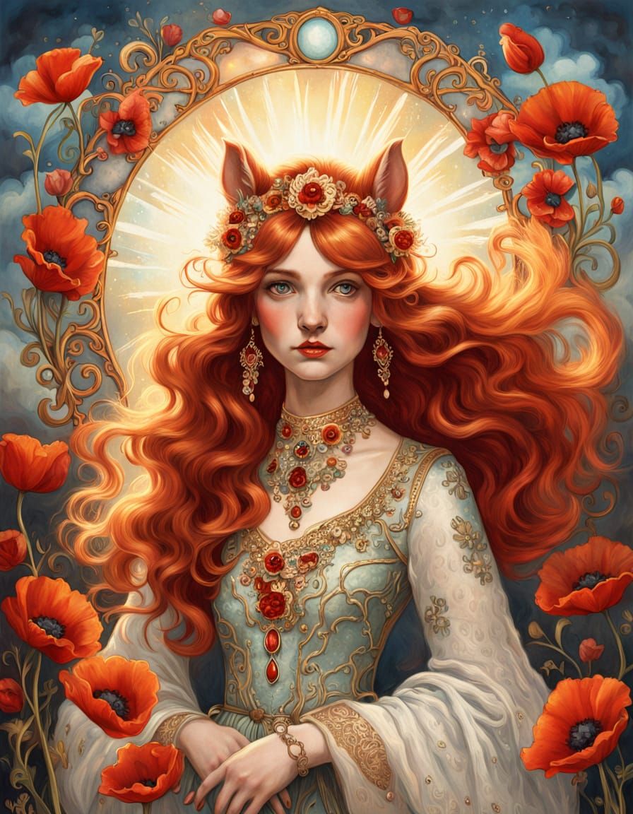 Squirrel with Fiery Red Hair, Art Nouveau Portrait