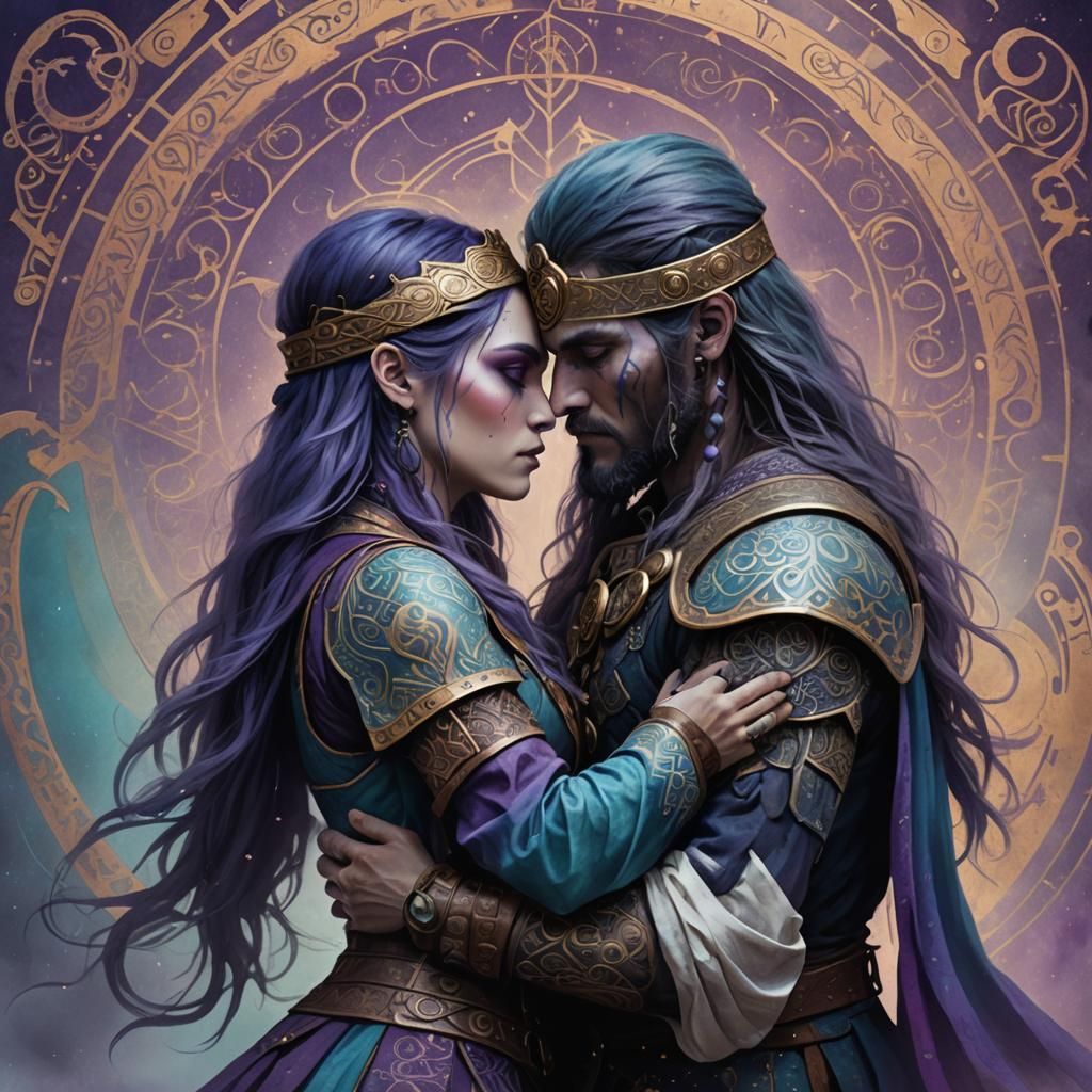 Blue-Skinned Viking Couple Embrace in Steampunk Fantasy Art