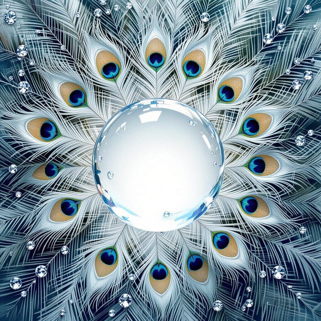 Metallic Peacock Feathers with Crystal Ball, Matte Painting