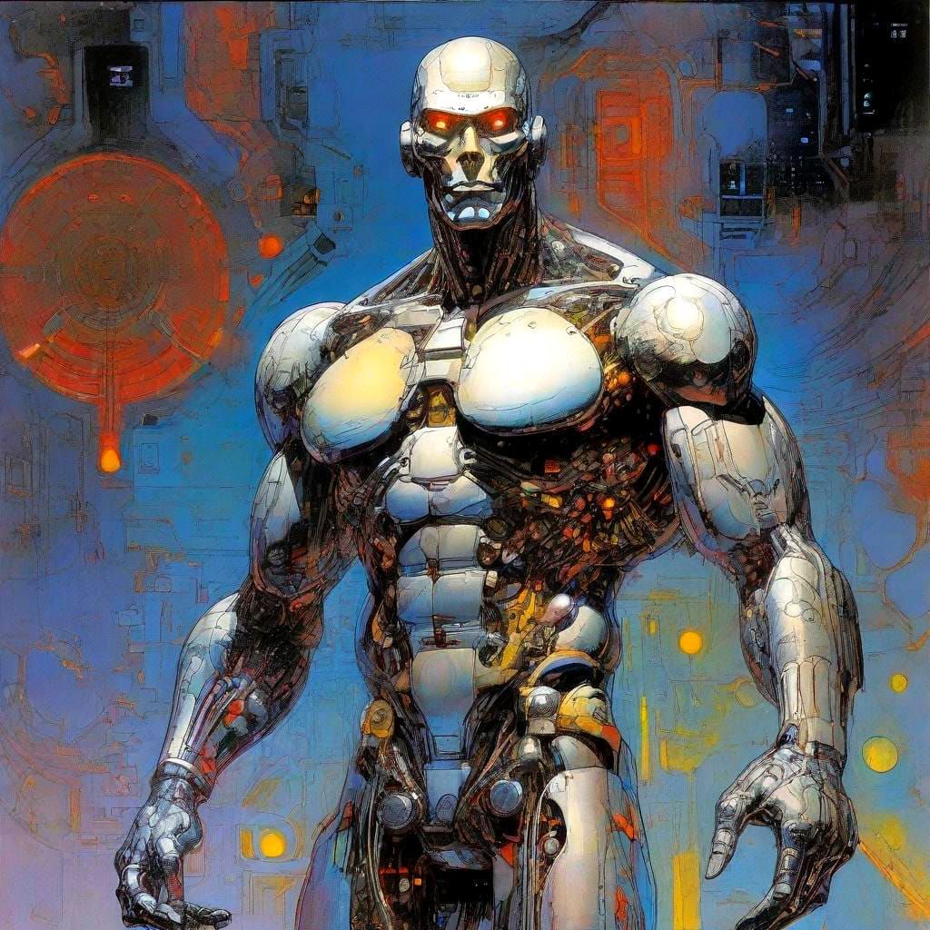 Philippe Druillet, cosmic imagery, lanky cyborg hunk, full body pose, Pino Daeni Ghost