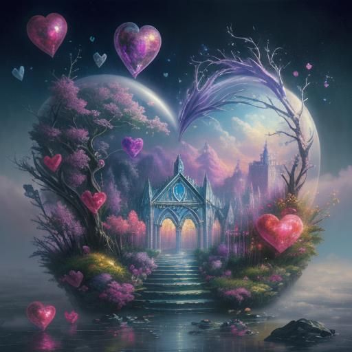 Ethereal Crystal Heart in Fantasy Landscape