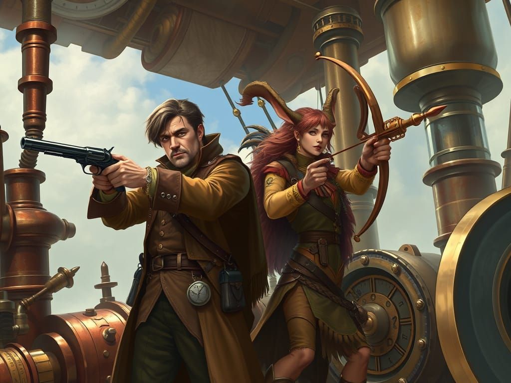 Steampunk Artificer and Firbolg in High Fantasy Setting