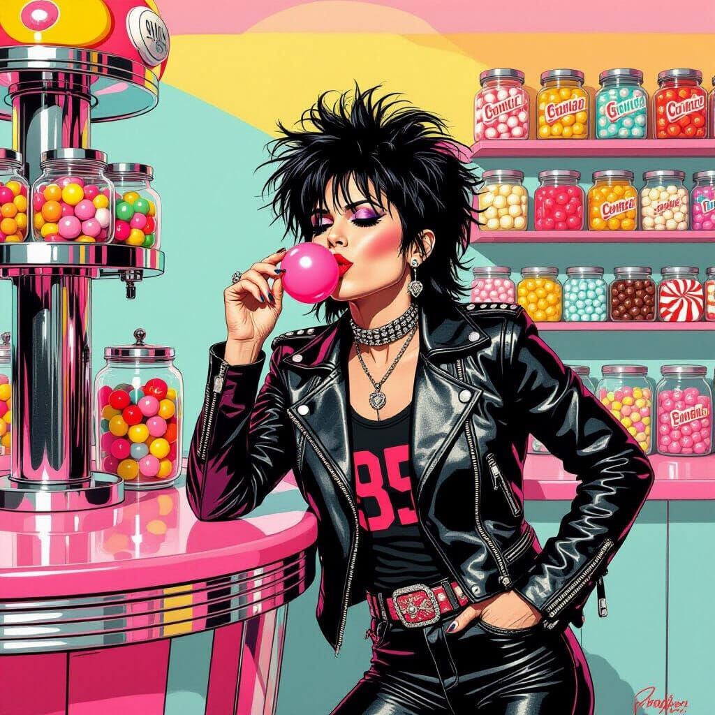 Punk Rocker Blows Gum at 50s Candy Counter