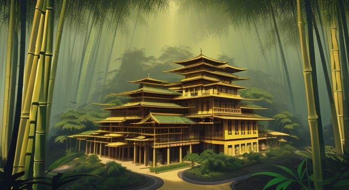 Solarpunk City in Bamboo Forest with Escher Architecture