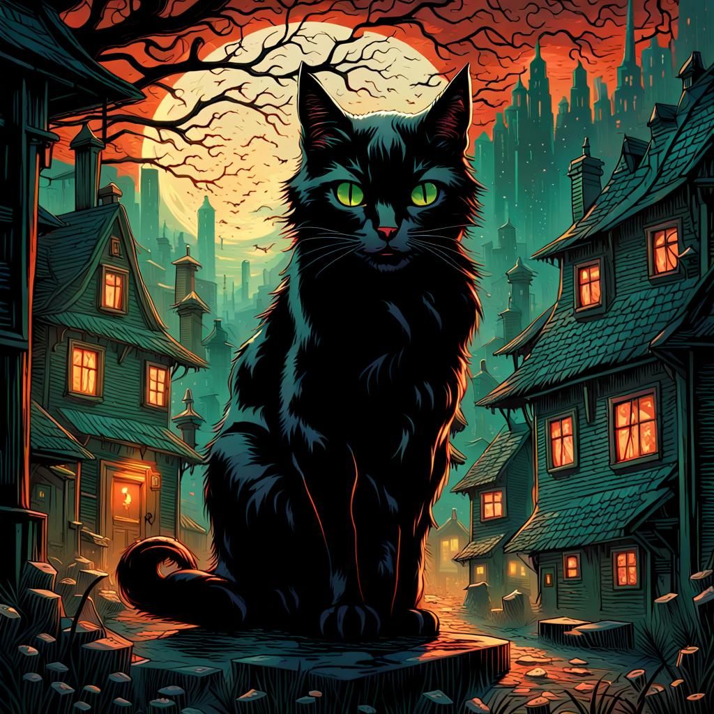 Black Cat in Spooky Village, Hyperrealistic Digital Art