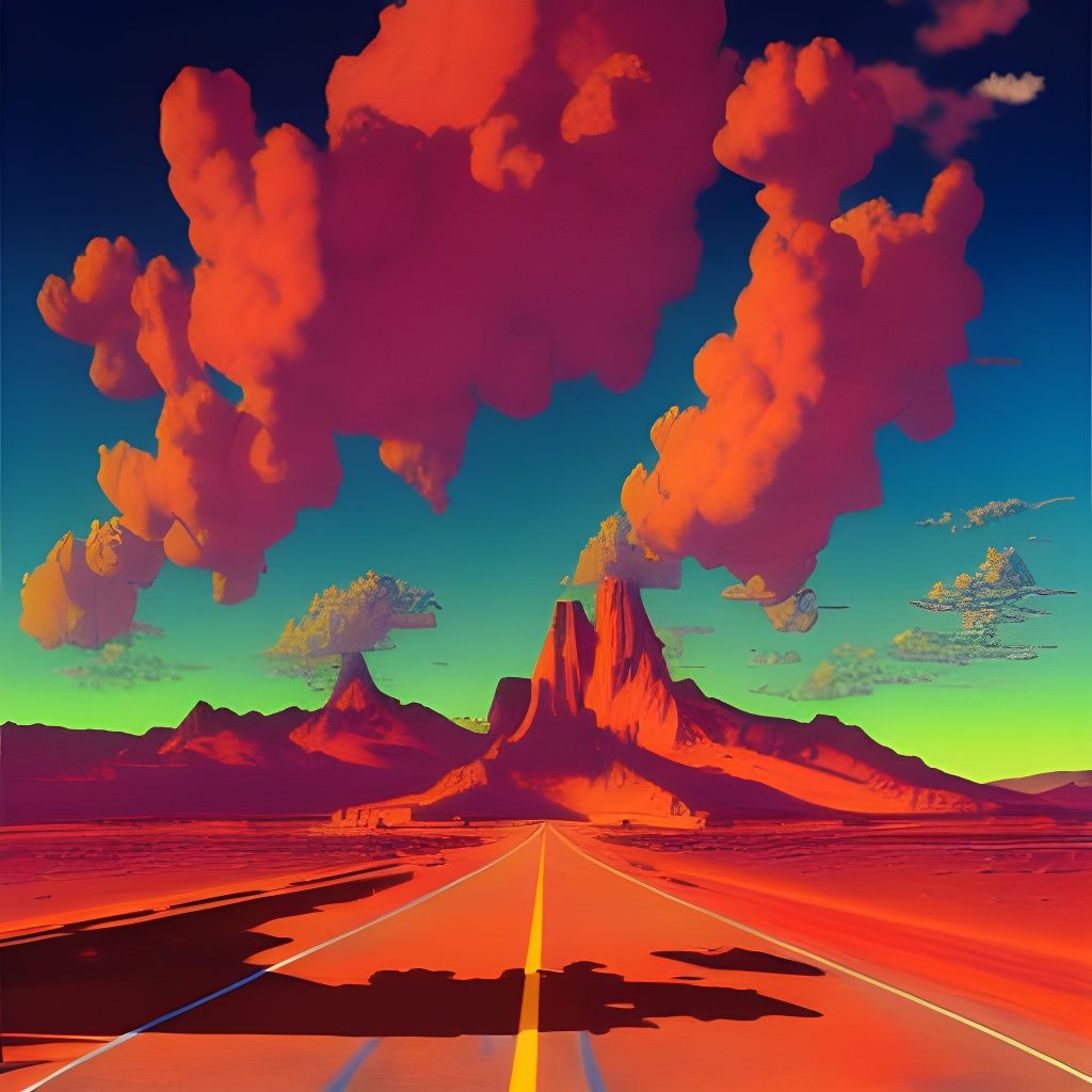 Synthwave Desert Highway Art in Cassette Futurism Style