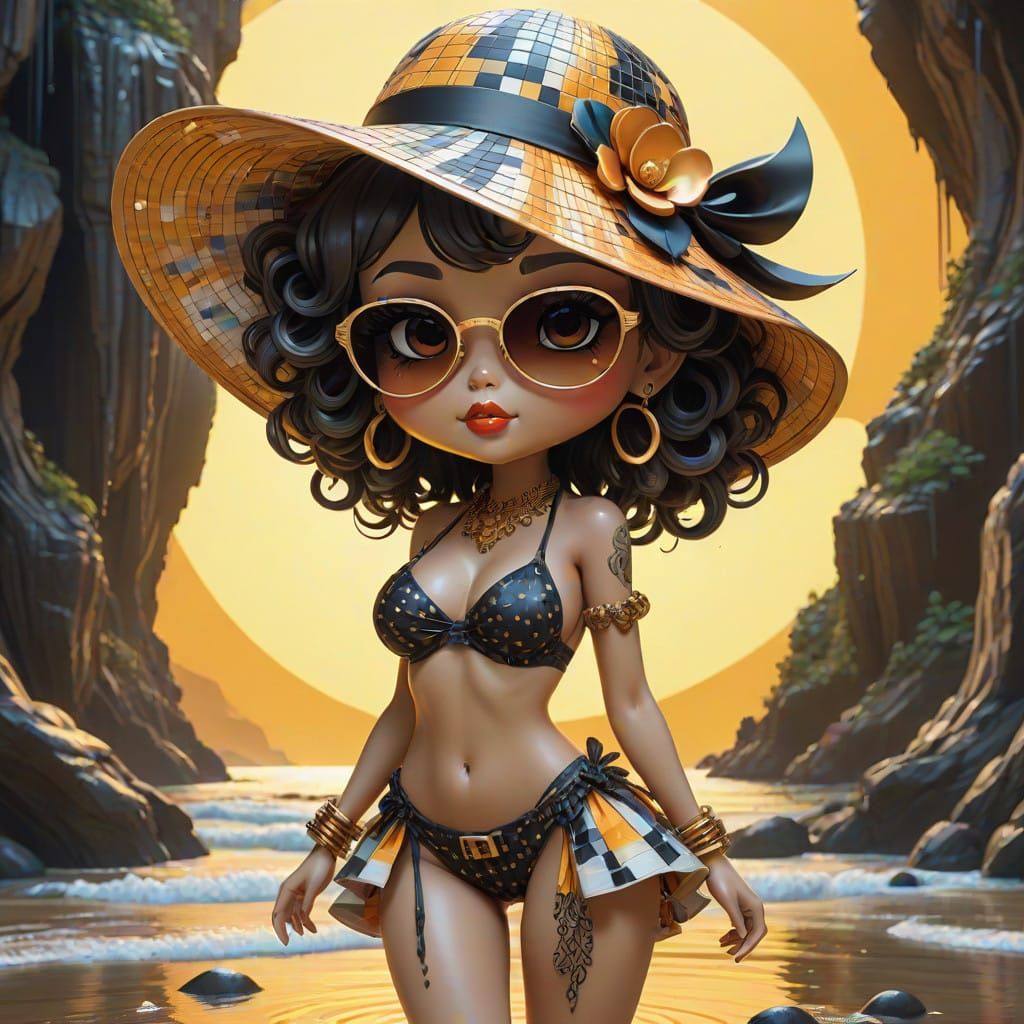 ""Vibrant, curvaceous Chibi anime beauty, inspired by Betty Boop's playful charm, full body showing her backside, viewed...