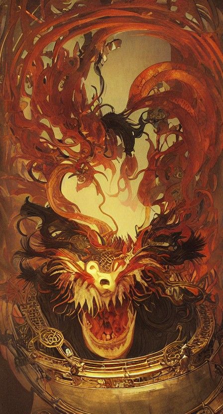 Fearsome Flaming Head Yokai in Folklore Fantasy Art