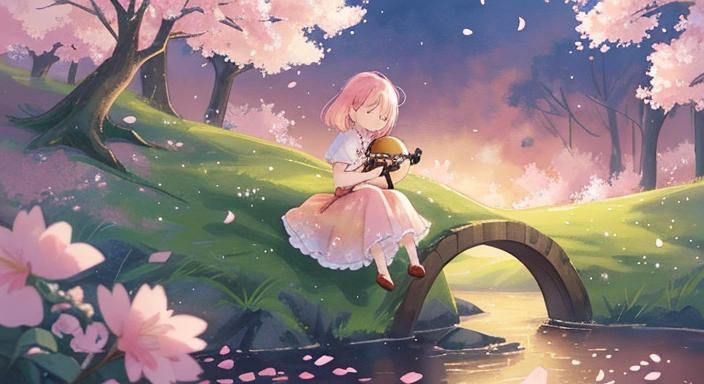 Girl with Pink Hair Playing Cello, Watercolor-Inspired Art