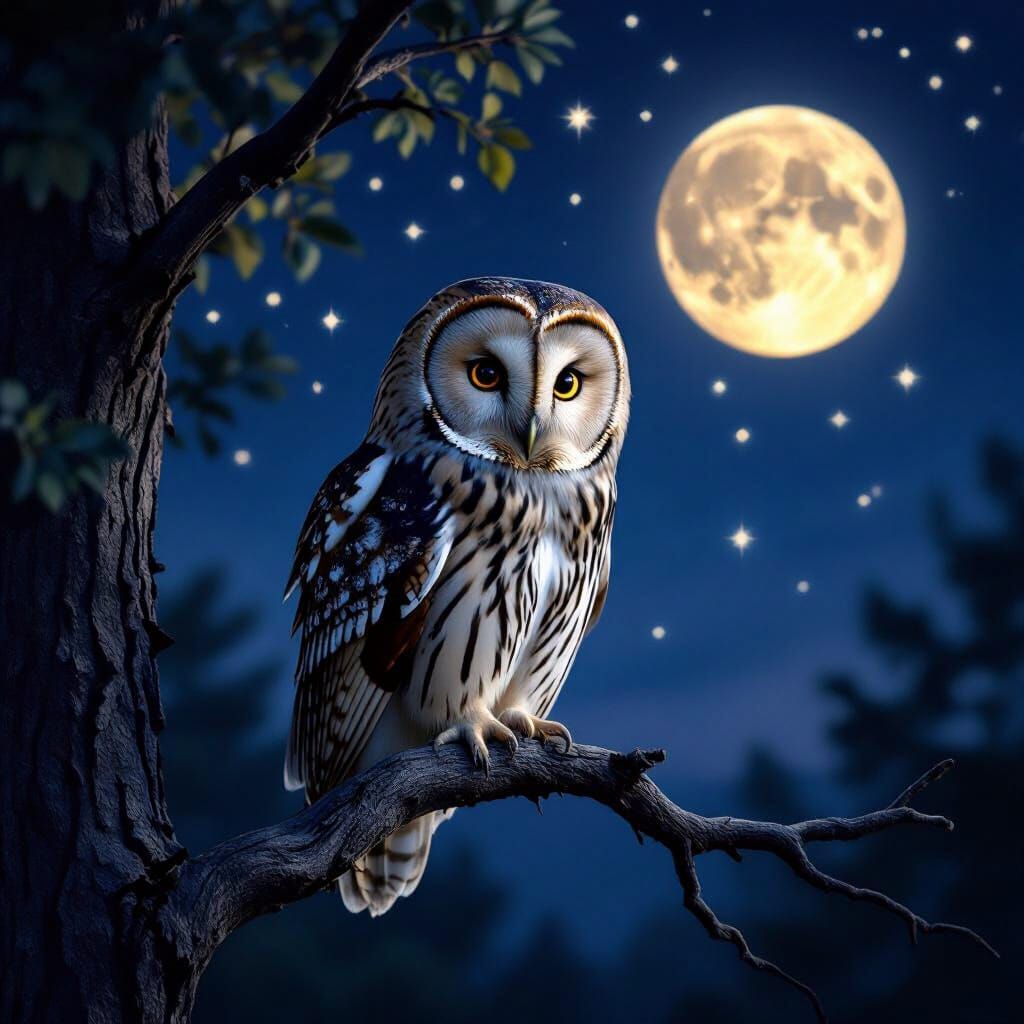 Wise Owl Perched at Night Under Moonlight