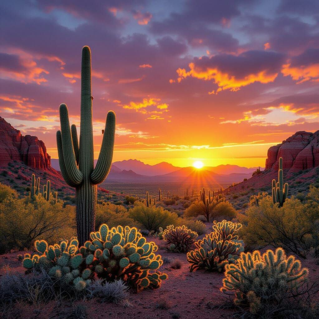 Sonoran Desert Sunset Over Red Rock Formations