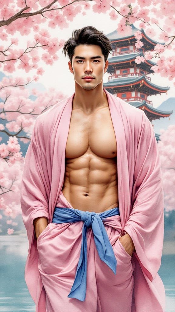 Muscular Asian Man in Pink Robe at Japanese Pagoda