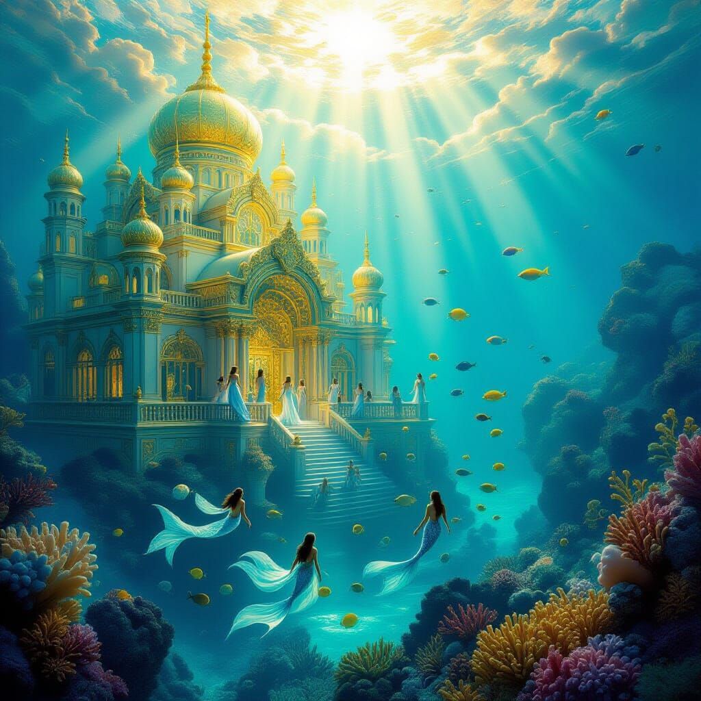 Shimmering Golden Underwater Palace with Merfolk