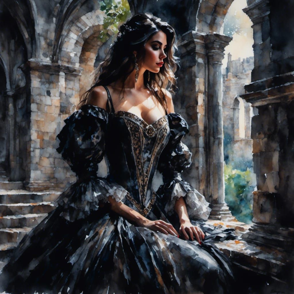 Brunette in Castle: Dark Fantasy Gouache Portrait