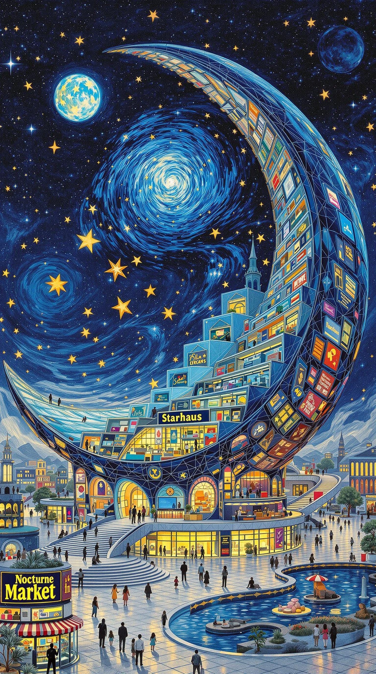 Crescent Moon Building Interior in Surreal Architectural Sty...