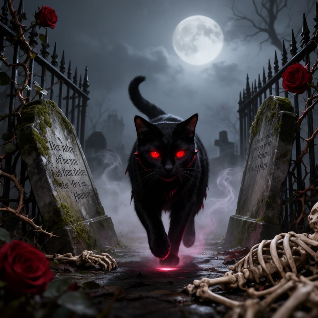 Vampire Cat in Moonlit Victorian Graveyard