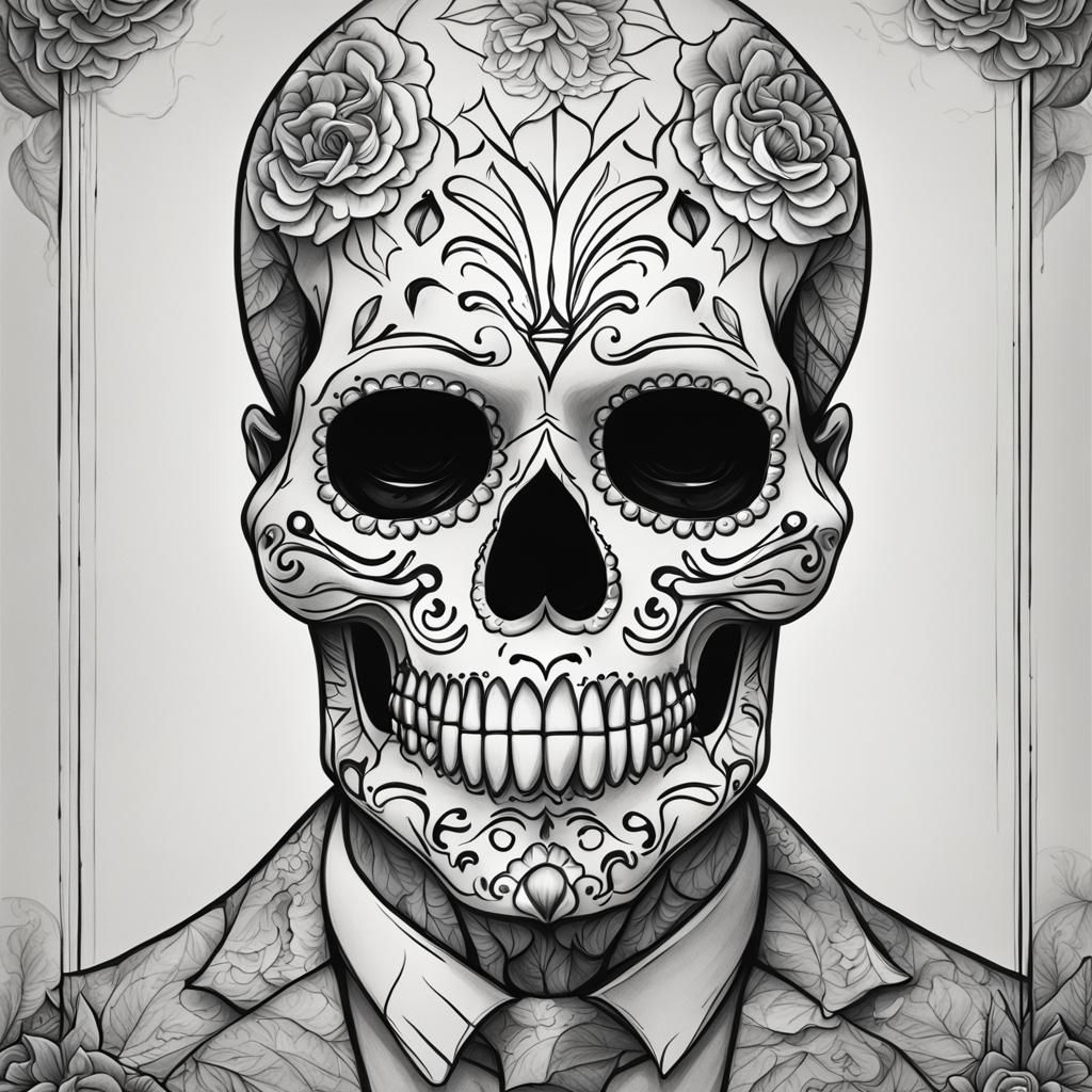 Cartoon Sugar Skull Illustration for Coloring Book